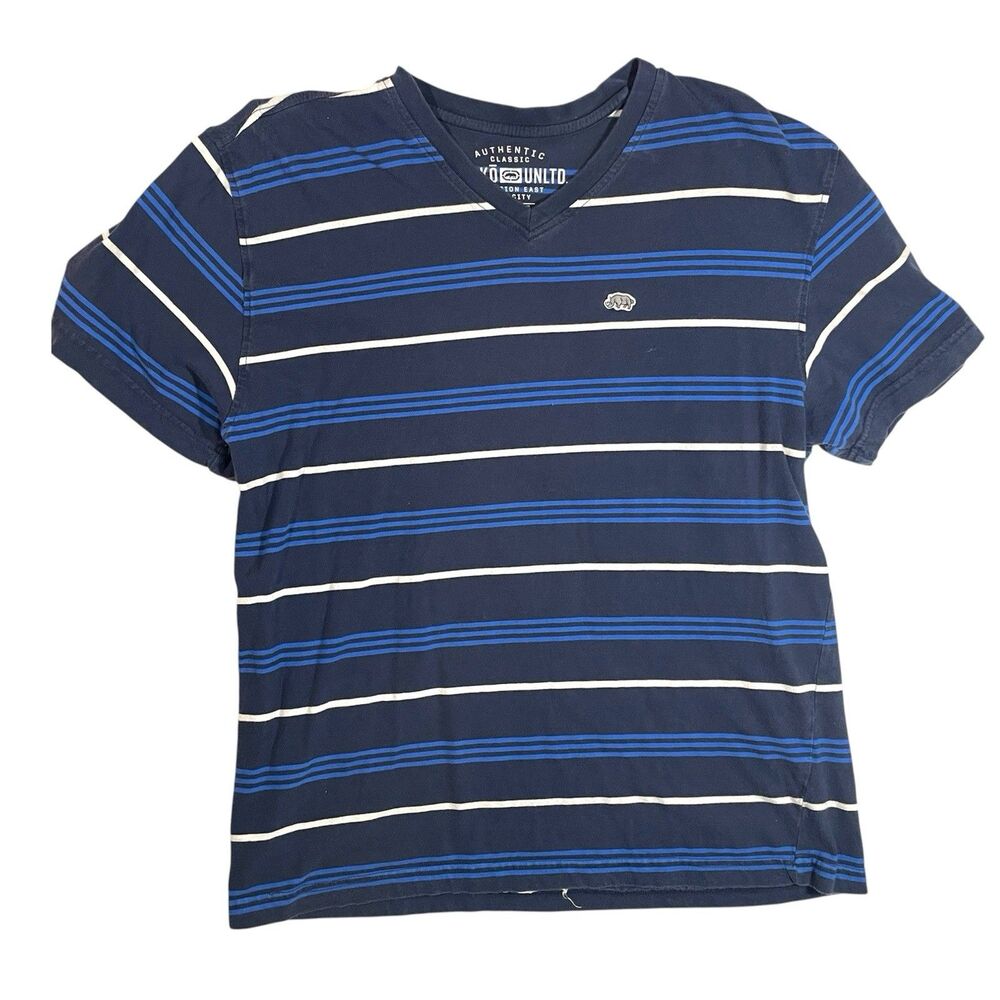 Ecko Y2k Rhino Classic Blue Vneck Mens XL Short Sleeve Cotton Striped Casual Tee
